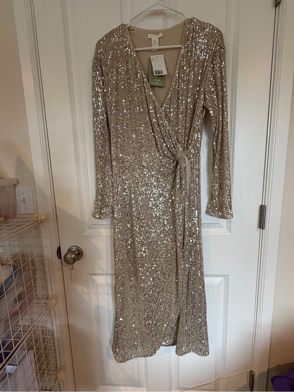 H&M Champagne Sequin Wrap Midi Dress with Long Sleeves